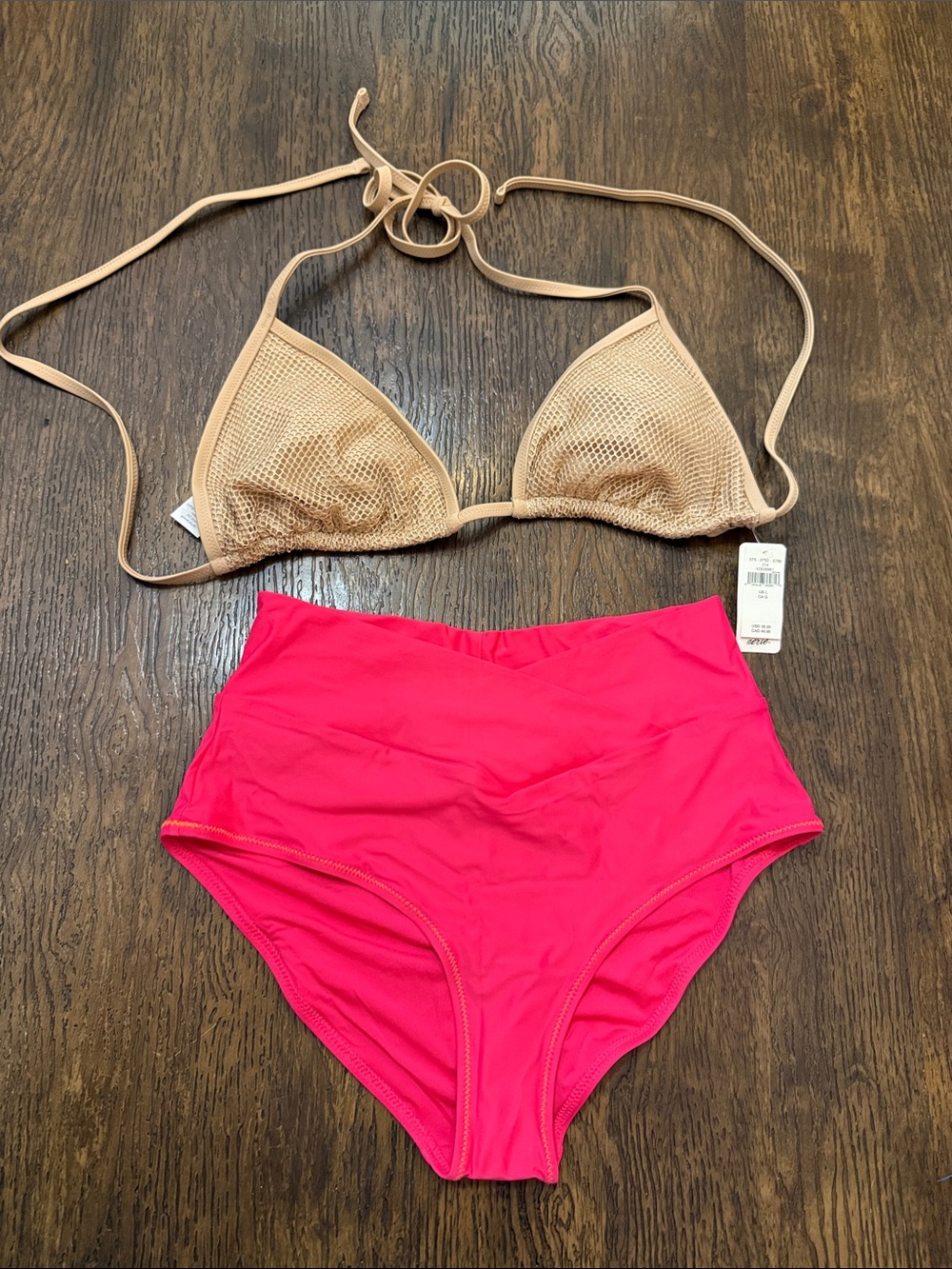 Ariel Beige Mesh Triangle Bikini Top with Hot Pink High-Waist Bottoms - S/L
